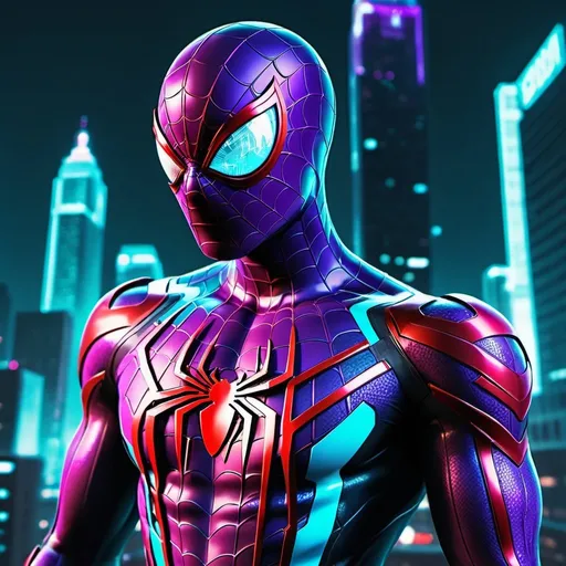 Prompt: Purple cyan and red symbiote Spiderman, detailed suit, high-tech web-shooters, futuristic cityscape, urban cyberpunk setting, intense and focused gaze, cool tones, cyberpunk, game style, red and cyan secondary colors, futuristic-biomechanical, atmospheric lighting, best quality, highres, ultra-detailed