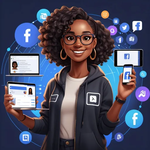 Prompt: An animated black female content creator holding a mobile and a laptop excited and standing in front of a large screen with AI, innonatio, technology and faccebook icons on the screen