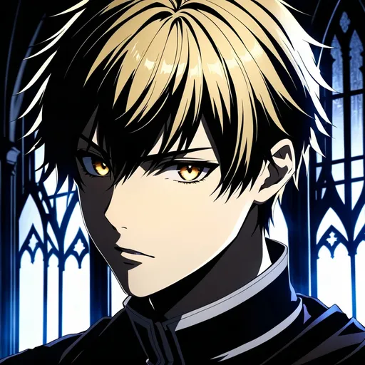 Prompt: Gothic anime illustration of a young male with short blond hair and glowing brown eyes, manga style, dark and moody lighting, detailed facial features, intense expression, gothic architecture in the background, best quality, highres, ultra-detailed, anime, gothic, manga, dark lighting, detailed eyes, intense expression, moody atmosphere