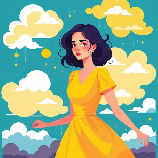 Prompt: 2d flat art, a woman in a yellow dress, vector art, cloudy day, cover art, bright colors, cute illustration