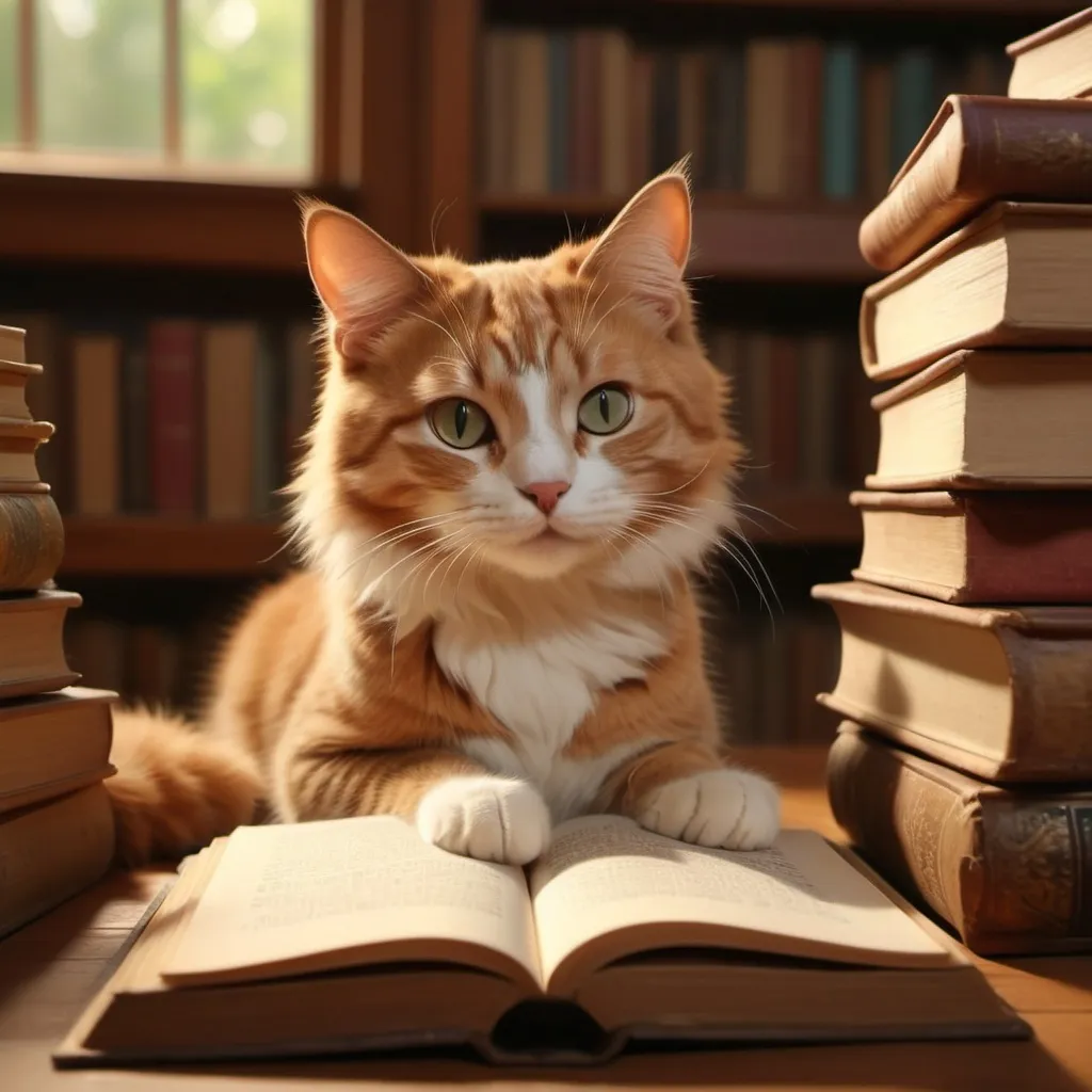 Prompt: a cat with books