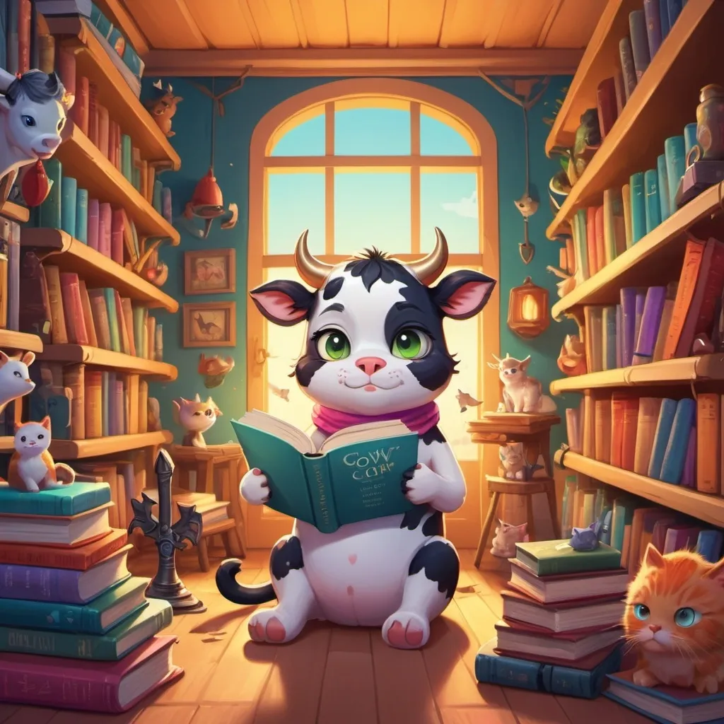 Prompt: a cow cat with books and weapons