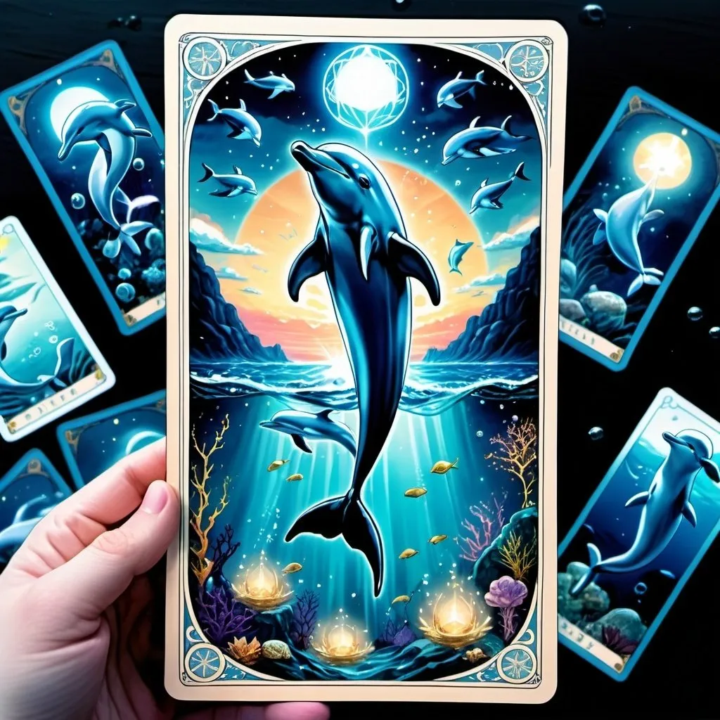 Prompt: tarot card Anime illustration, telepathic Dolphin wizard, deep underwater landscape, detailed magic everywhere, mystical whales in the distance, small fish, aura of enchantment, 