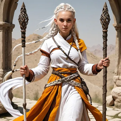Prompt: A female kalashtar monk and cleric with a quaterstaff,  and White long hair with braids