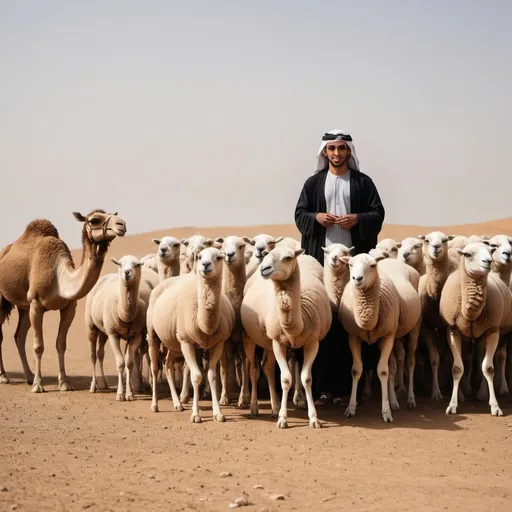 Prompt: Fit arab raising a flock and sheep and camel

