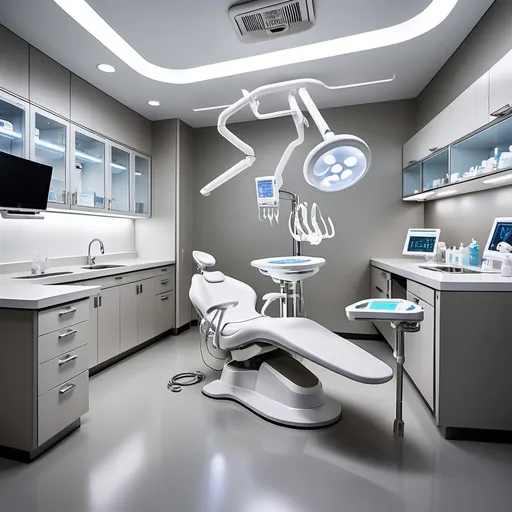 Prompt: (dental sterilization room), modern cabin design, sleek and clean aesthetic, metallic surgical tools, organized workspace, illuminated with bright white LED lighting, high-tech sterilization equipment, calm and sterile atmosphere, minimalist décor, ultra-detailed, HD, featuring sanitized surfaces and implicit professionalism.