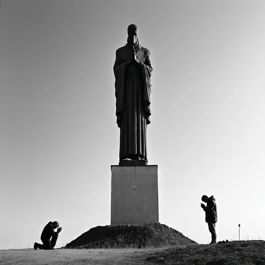 Prompt: Black and white picture. Huge, faceless male statue towers above a desolate, dead land. At the base of the statue Mány people are on their knees and praying to the statue. The statue has no face. The worshipping people are the ones whonare praying not the statue