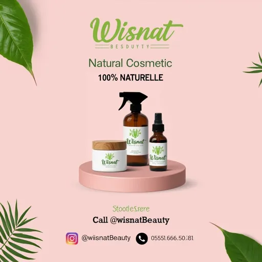 Prompt: Image is a promotional poster with a pink background featuring a circular platform displaying three cosmetic products. The products include a white jar with a wooden lid, a brown jar with a wooden lid, and a brown spray bottle, each labeled with a green leaf logo and 'WisnatBeauty' in green script. Above the products, the text 'WisnatBeauty' is written in a cursive, lime green font, followed by 'Natural Cosmetic' in bold, black serif font, and '100% NATURELLE' in smaller black serif font. Contact information is provided below with Instagram and phone icons, followed by '@wisnatBeauty' and '0556.66.50.80' in black. Green leaves decorate the corners of the image, adding a natural theme.