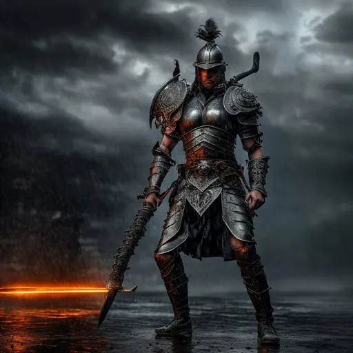 Prompt: Create a high-quality image with advanced levels of detail and a cinematic style. The image should depict a warrior in metal armor in the middle of an intense battle, under a torrential downpour. The warrior's armor should be detailed, with intricate engravings and light reflectors highlighting the rain-soaked metal. The warrior should have a determined and confident expression, wielding a sword or shield, with other combatants and the chaos of war in the background. The lighting should be dramatic, with lightning in the sky and the rain adding an intense atmospheric effect to the scene. The setting should convey the tension and energy of an epic battle.