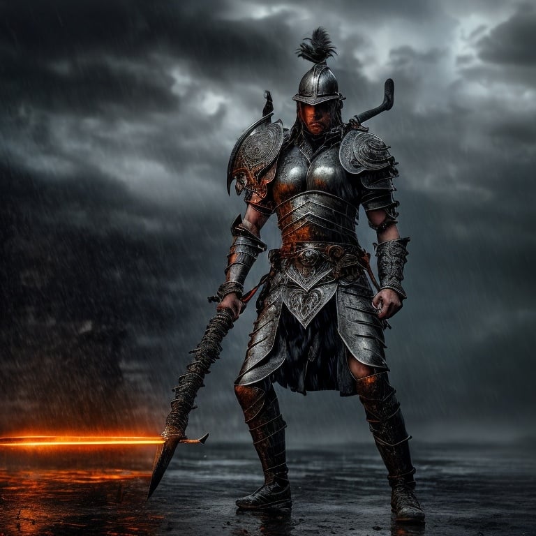 Prompt: Create a high-quality image with advanced levels of detail and a cinematic style. The image should depict a warrior in metal armor in the middle of an intense battle, under a torrential downpour. The warrior's armor should be detailed, with intricate engravings and light reflectors highlighting the rain-soaked metal. The warrior should have a determined and confident expression, wielding a sword or shield, with other combatants and the chaos of war in the background. The lighting should be dramatic, with lightning in the sky and the rain adding an intense atmospheric effect to the scene. The setting should convey the tension and energy of an epic battle.
