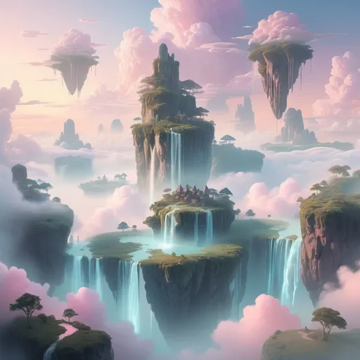 Prompt: A dreamlike landscape with floating islands above the clouds, under soft dawn light, featuring waterfalls cascading into the sky, in the style of fantasy art, with gentle pastel colors.
