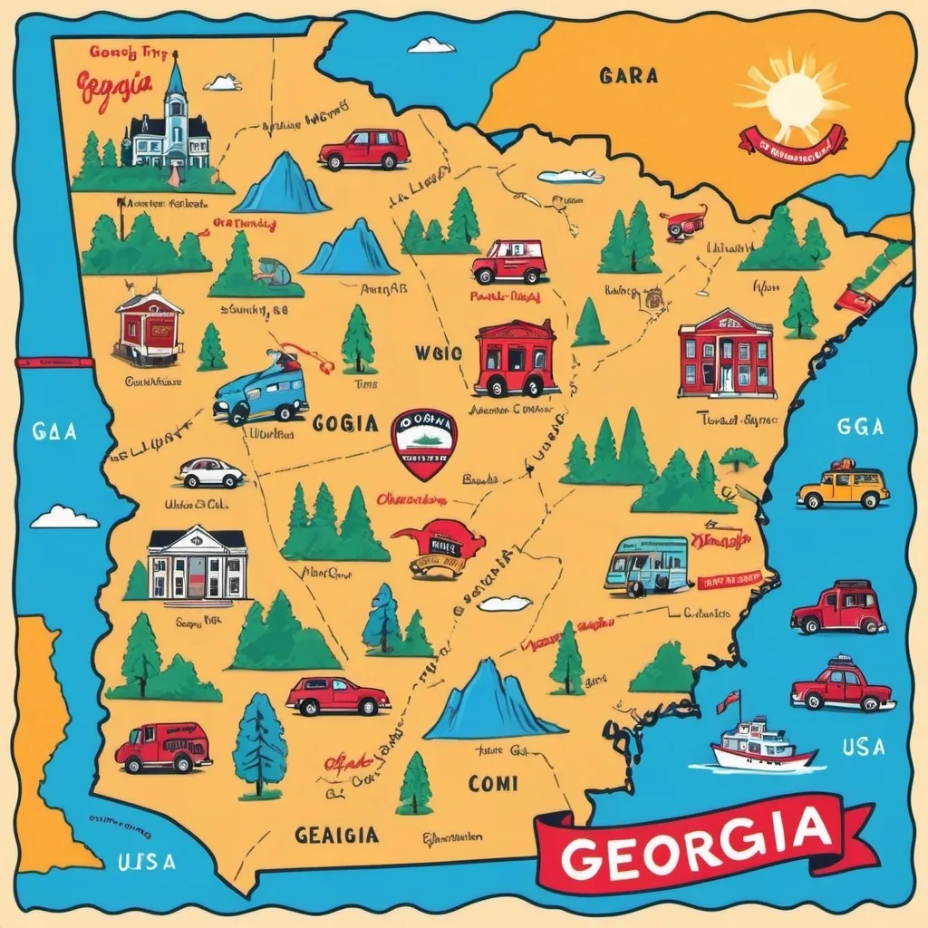 Prompt: Display a cartoonish map of Georgia, USA. Display a roadtrip from Brunswick, GA to Stone Mountain, GA. Represent the road trip by a red line. Make this a 3 sec animation.