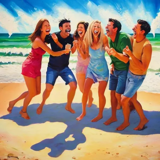 Prompt: a bunch of friends laughing in a art painting on a beach