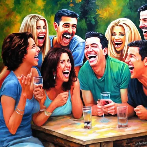 Prompt: a bunch of friends laughing in a art painting