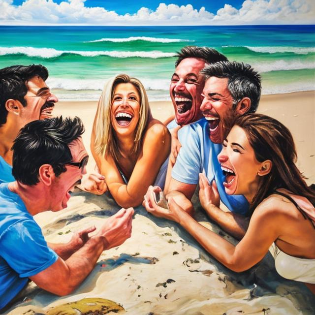 Prompt: a bunch of friends laughing in a art painting on a beach