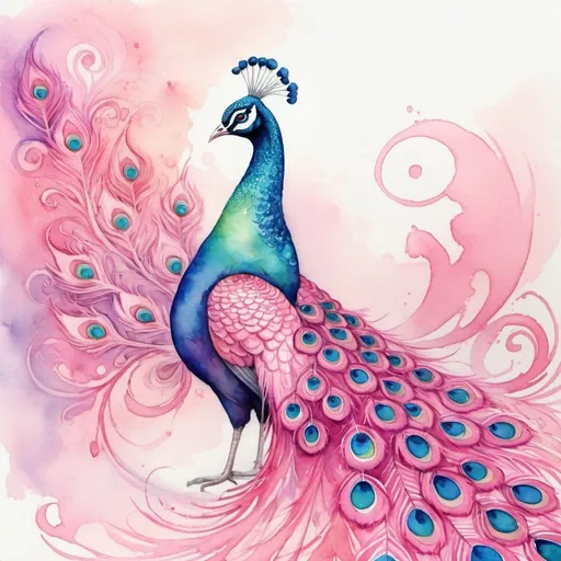 Prompt: Colourful watercolour painting of a dreamy pink peacock, vibrant swirls, high quality, watercolour, dreamy, vibrant, colourful, pink, peacock, swirls, animal art, detailed feathers, artistic, whimsical, dreamlike, professional