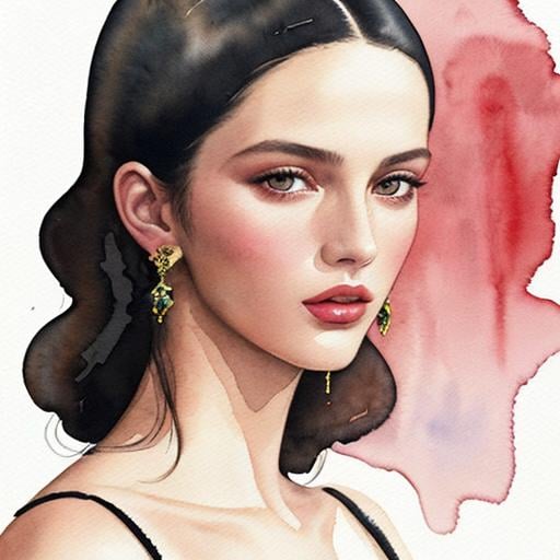 Prompt: Watercolour painting of a Dolce and Gabbana model, portrait, woman portrait, beautiful, high fashion, Vogue