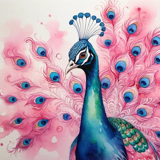 Prompt: Colourful watercolour painting of a dreamy pink peacock, vibrant swirls, high quality, watercolour, dreamy, vibrant, colourful, pink, peacock, swirls, animal art, detailed feathers, artistic, whimsical, dreamlike, professional