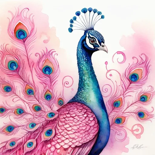 Prompt: Colourful watercolour painting of a dreamy pink peacock, vibrant swirls, high quality, watercolour, dreamy, vibrant, colourful, pink, peacock, swirls, animal art, detailed feathers, artistic, whimsical, dreamlike, professional