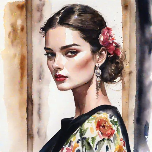 Prompt: Watercolour painting of a Dolce and Gabbana model, sensual portrait, woman portrait, beautiful, high fashion, Vogue