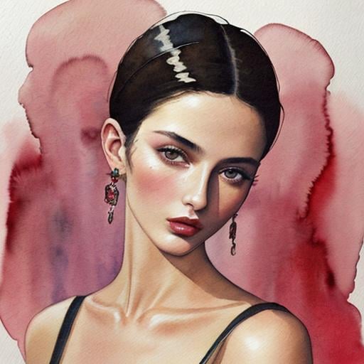 Prompt: Watercolour painting of a Dolce and Gabbana model, sensual portrait, woman portrait, beautiful, high fashion, Vogue