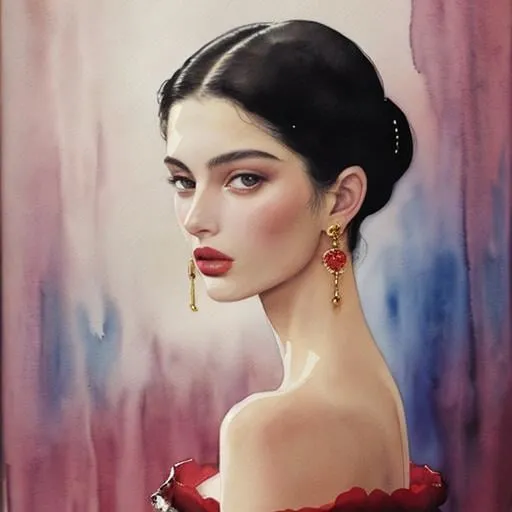 Prompt: Watercolour painting of a Dolce and Gabbana model, sensual portrait, woman portrait, beautiful, high fashion, Vogue