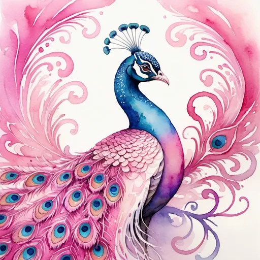 Prompt: Colourful watercolour painting of a dreamy pink peacock, vibrant swirls, high quality, watercolour, dreamy, vibrant, colourful, pink, peacock, swirls, animal art, detailed feathers, artistic, whimsical, dreamlike, professional