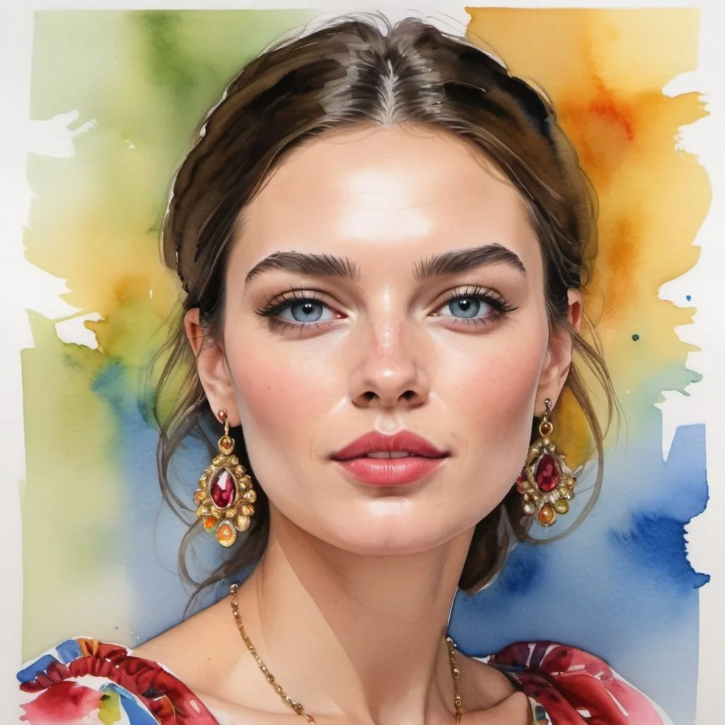 Prompt: Colourful watercolour painting of a Dolce and Gabbana model, portrait, woman portrait, beautiful