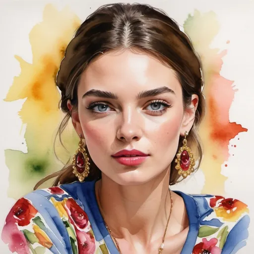 Prompt: Colourful watercolour painting of a Dolce and Gabbana model, portrait, woman portrait, beautiful