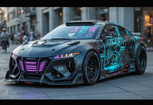Prompt: Futuristic cyberpunk car with a low, angular silhouette and aggressive aerodynamic design. Neon-lit front grille in electric purple and blue, triple-layered LED headlights shaped like sharp slashes. Transparent side doors displaying glowing holographic advertisements. Asymmetrical body with exposed circuit panels, urban graffiti decals, and chrome detailing. Rear features dual plasma exhaust vents, LED-spiked diffuser fins, and a hidden drone launch bay. Hover-capable with red-glowing anti-gravity pads. Matte black body with electric violet, teal accents, and reflective chrome circuit patterns. Atmospheric cyberpunk city background, cinematic lighting, sketch style or concept art style.