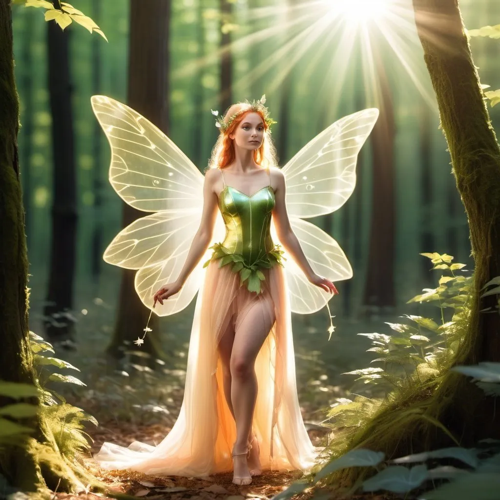 Prompt: An elegant fairy stands in the middle of the forest. Blazing sunshine. The light filters through the foliage.