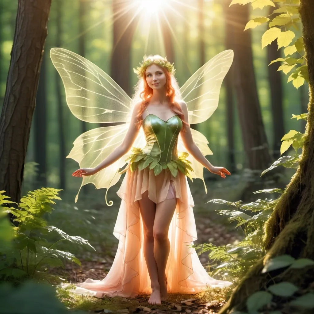 Prompt: An elegant fairy stands in the middle of the forest. Blazing sunshine. The light filters through the foliage.