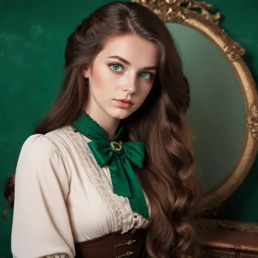 Prompt: Young woman with emerald green eyes and brown, long hair. Old money style clothing and hair. 
