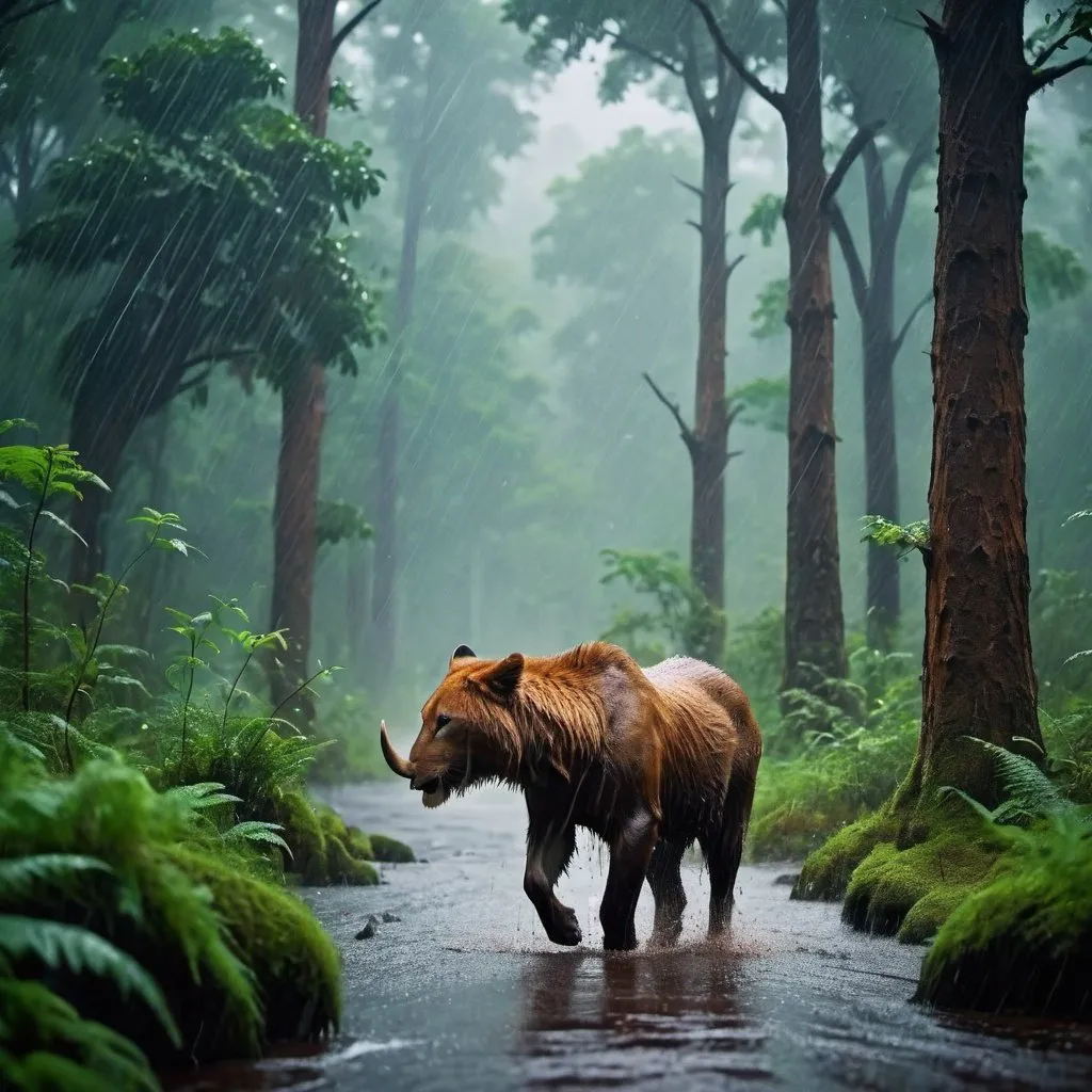 Prompt: deep forest raining wild animals thundering dslr high quality image