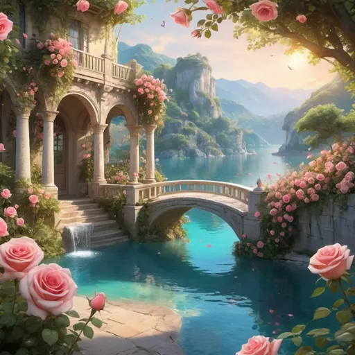 Prompt: Paradise means a place full of happiness and sadness has no way in it. Flowers, nightingales, clear water and beautiful nymphs spend their time there. Walls full of roses.