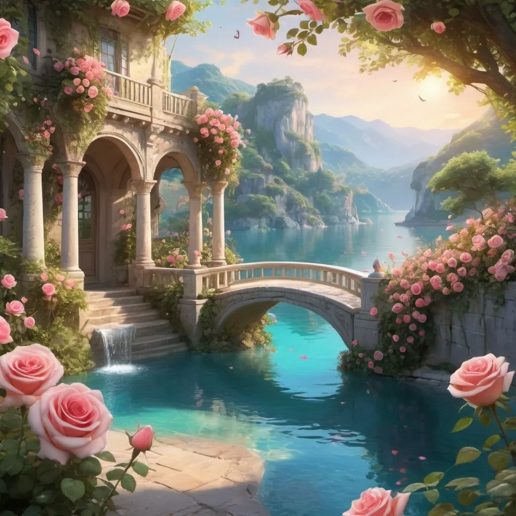 Prompt: Paradise means a place full of happiness and sadness has no way in it. Flowers, nightingales, clear water and beautiful nymphs spend their time there. Walls full of roses.