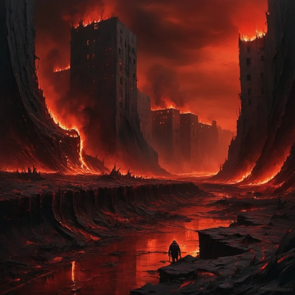 Prompt: Hell means horror. It means an infinitely scary place with fiery walls, evil and terrifying creatures and people immersed in molten metal.