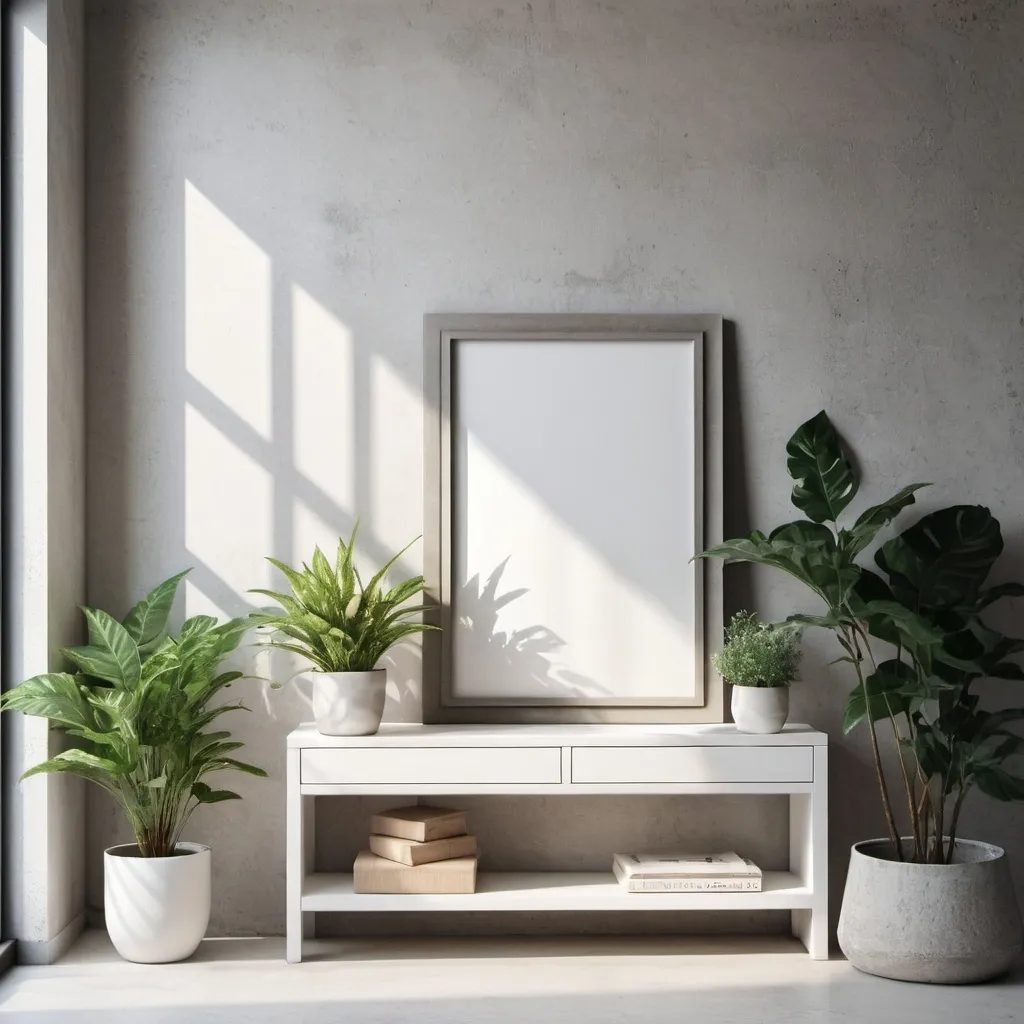 Prompt: Interior with design cabinet, mock up photo frame, elegant accessories and beautiful plants. Modern home decor. Minimalistic concept, one elegant white frame vertical position 100/70 cm big comering it to the other objects, the wall is rustical cocrete, the sun is shinning through the window onto the frame
