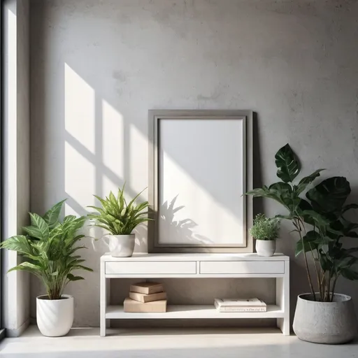 Prompt: Interior with design cabinet, mock up photo frame, elegant accessories and beautiful plants. Modern home decor. Minimalistic concept, one elegant white frame vertical position 100/70 cm big comering it to the other objects, the wall is rustical cocrete, the sun is shinning through the window onto the frame
