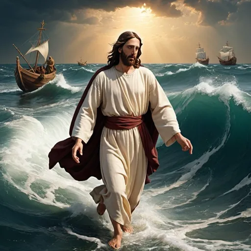 Prompt: Byzantine art of jesus walking on dangerous ocean, some people holding on him