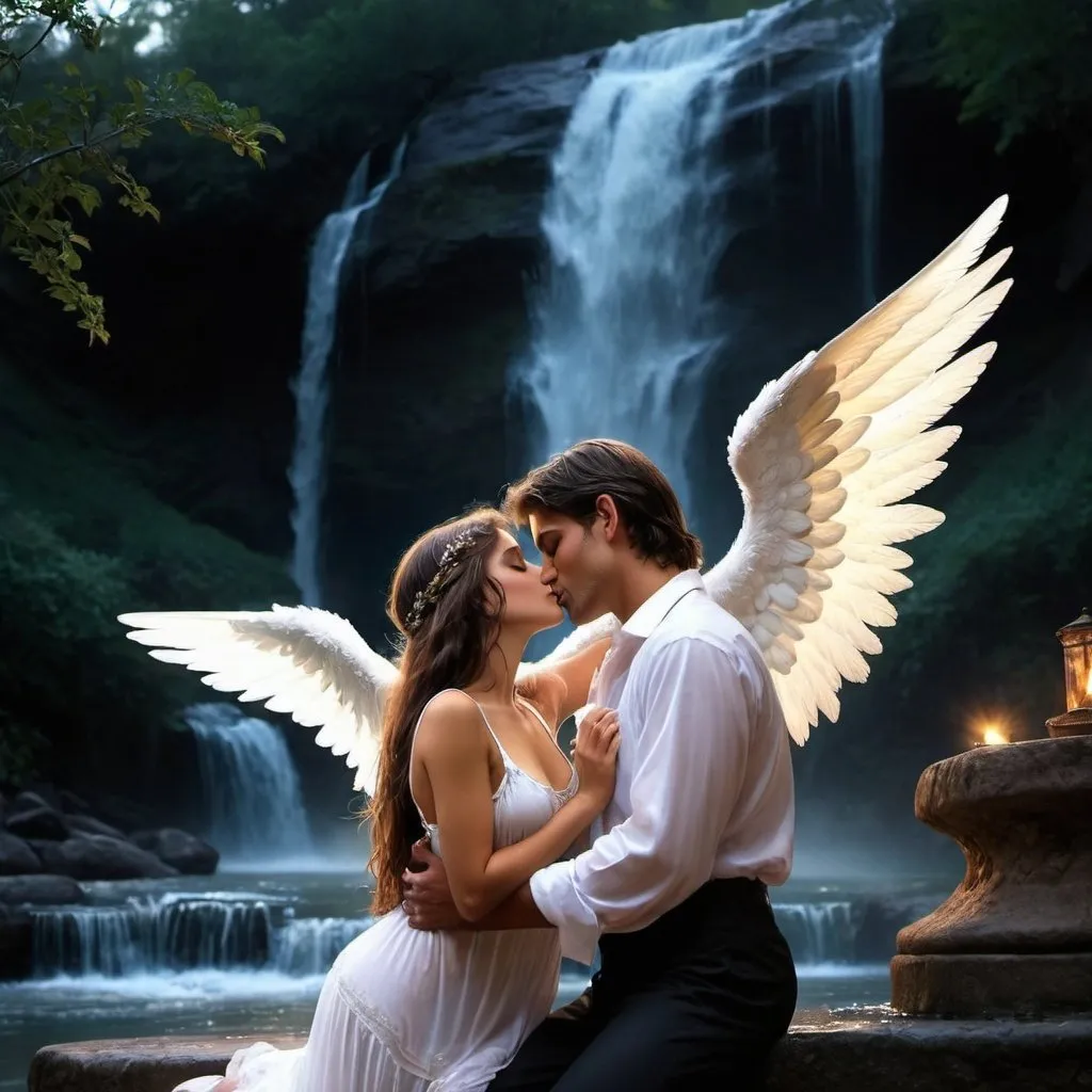 Prompt: male angel. kissed a gypsy girl beside a water fall .. romantic scene night time 