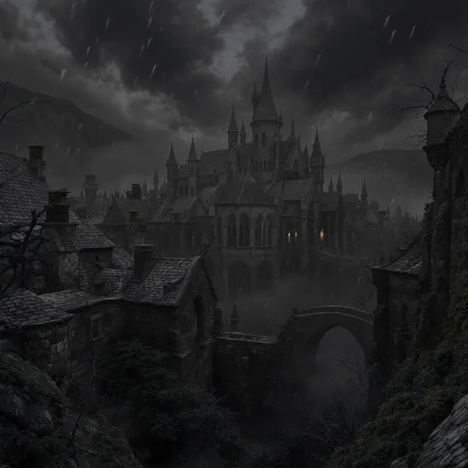Prompt: The county of Barovia, a dark and opressive atmosphere with gothic style buildings