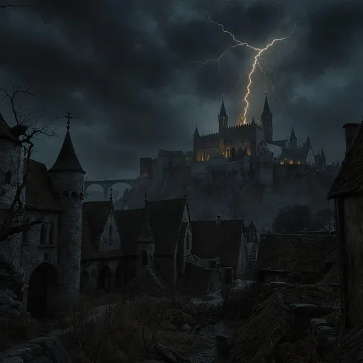 Prompt: The county of Barovia, a dark and opressive atmosphere with gothic style buildings