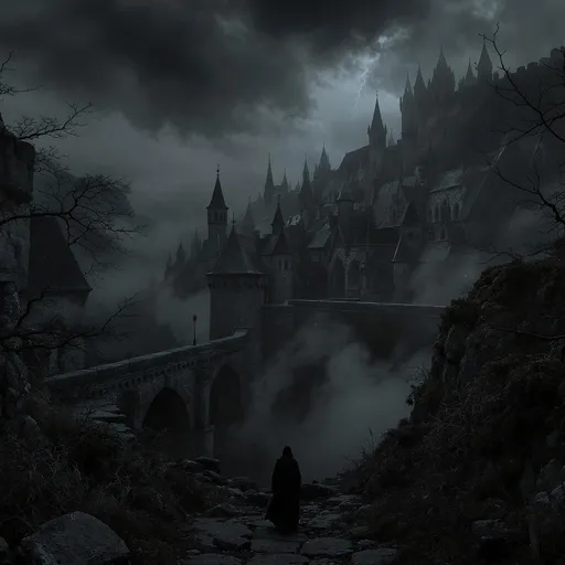 Prompt: The county of Barovia, a dark and opressive atmosphere with gothic style buildings