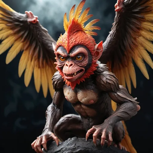 Prompt: hyper-realistic demon that appears as a cross between a chicken and monkey with bat-like wings and chicken legs and a monkey head and chest
