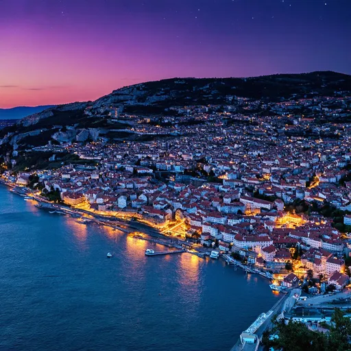 Prompt: show me a small town next to the ocean, a dark blue and turquoise color. the point of view is from a mountain, make the sky purple and red with bright stars, make it evening time, you can see all the lights on in the town. make it look like split Croatia

