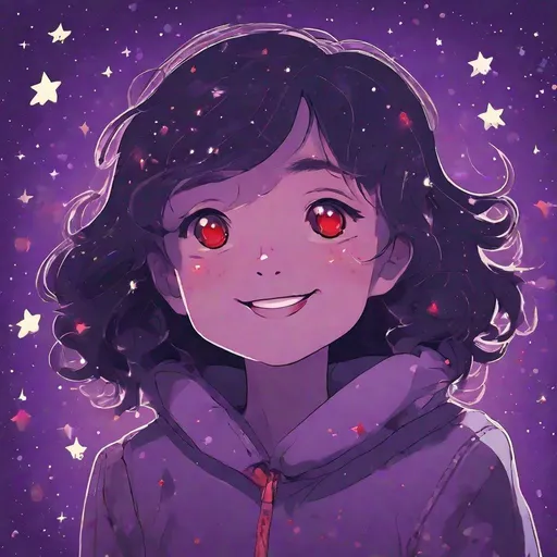 Prompt: Solo figure with red eyes smiling under a starry night sky, purple background, shooting star, sparkling stars, space, detailed eyes, night sky, starry sky print, star (sky), space theme, highres, sparkling, cosmic, serene, atmospheric lighting