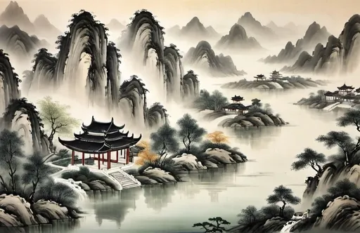 Prompt: Chinese painting with mountains, trees, lakes, rivers, buildings, homes and grass