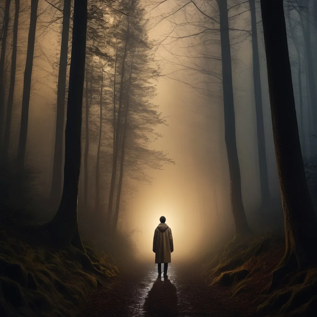 Prompt: A lone person standing on a narrow forest path at night, surrounded by tall trees and soft mist. The path is dark, but a warm golden light glows faintly in the distance. The person is wearing a light-colored coat and looks forward with hope. Cinematic lighting, soft fog, mysterious and emotional atmosphere, highly detailed, photo-realistic, 16:9 aspect ratio
