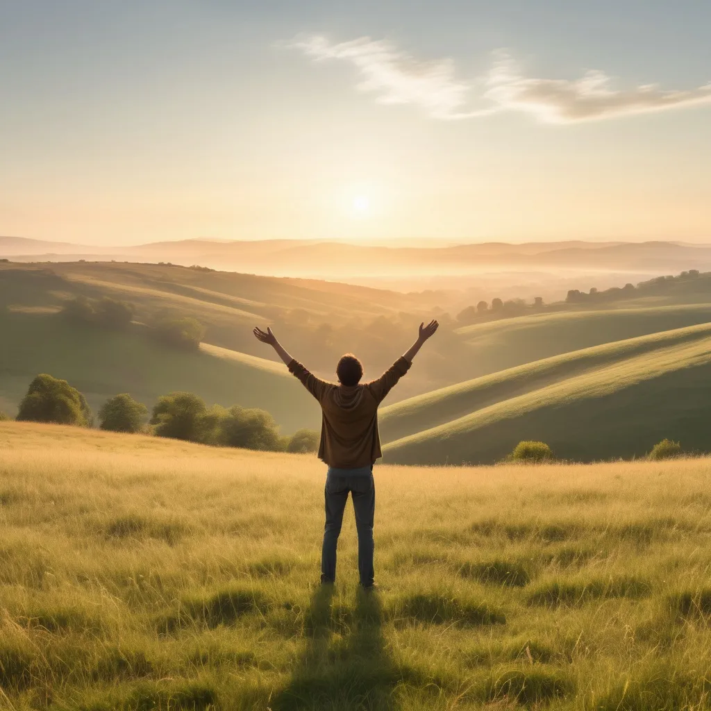 Prompt: A person stands on a wide, sunlit meadow or hilltop, with arms slightly open and head lifted toward the rising sun. The sky is clear and golden, full of morning light. The landscape is warm, green, and glowing, with gentle hills or distant trees
